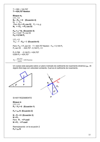 15
T = 300 + 124,707
T = 424,707 Newton
Bloque m2
Σ FY = 0
N2 – P2Y = 0 (Ecuación 4)
N2 = P2Y
Pero: P2Y = P2 cos 53 P2 = m2 g
N2 = P2Y = P2 cos 53
FR2 = μ * N2 (Ecuación 5)
FR2 = 0,24 * P2 cos 53
FR2 = 0,144 P2
Σ FX = 0
P2X – T - FR2 = 0 (Ecuación 6)
Pero: P2X = P2 sen 53 T = 424,707 Newton FR2 = 0,144 P2
P2 sen 53 - 424,707 - 0,144 P2 = 0
P2 0,798 - 0,144 P2 = 424,707
0,654 P2 = 424,707
Newton650
0,654
424,707
2P ==
Un cuerpo esta apoyado sobre un plano inclinado de coeficiente de rozamiento dinámico μK . Al
dejarlo libre baja con velocidad constante. Cual es el coeficiente de rozamiento.
SI HAY ROZAMIENTO
Bloque m
Σ FX = 0
PX – FR = 0 (Ecuación 1)
FR = μK N (Ecuación 2)
N – PY = 0 (Ecuación 3)
N = PY
Pero: PY = P cosθ
N = PY = P cosθ
Reemplazando en la ecuación 2
FR = μK N
P
PY
θ0
θ0
PX
N
FR
P
 