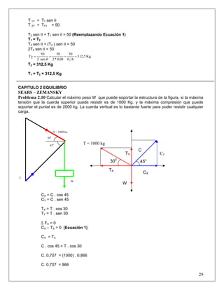 29
T 1Y = T1 sen θ
T 2Y + T1Y = 50
T2 sen θ + T1 sen θ = 50 (Reemplazando Ecuación 1)
T1 = T2
T2 sen θ + (T2 ) sen θ = 50
2T2 sen θ = 50
Kg.312,5
0,16
50
0,08*2
50
sen2
50
2T ====
θ
T2 = 312,5 Kg
T1 = T2 = 312,5 Kg
CAPITULO 2 EQUILIBRIO
SEARS – ZEMANSKY
Problema 2.10 Calcular el máximo peso W que puede soportar la estructura de la figura, si la máxima
tensión que la cuerda superior puede resistir es de 1000 Kg. y la máxima compresión que puede
soportar el puntal es de 2000 kg. La cuerda vertical es lo bastante fuerte para poder resistir cualquier
carga.
CX = C . cos 45
CY = C . sen 45
TX = T . cos 30
TY = T . sen 30
Σ FX = 0
CX – TX = 0 (Ecuación 1)
CX = TX
C . cos 45 = T . cos 30
C. 0,707 = (1000) . 0,866
C. 0,707 = 866
450
C
W
T = 1000 kg
450
300
W
CX
TY CY
TX
C
T = 1000 kg
300
 