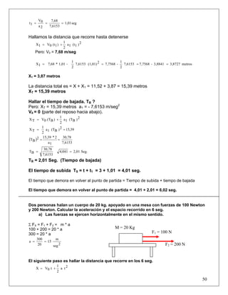 50
seg1,01
7,6153
7,68
2a
0V
1t ===
Hallamos la distancia que recorre hasta detenerse
2)1(t1a
2
1
)1(t0V1X +=
Pero: V0 = 7,68 m/seg
metros3,87273,8841-7,75687,6153
2
1
-7,75682(1,01)7,6153
2
1
-1,01*7,681X ====
X1 = 3,87 metros
La distancia total es = X + X1 = 11,52 + 3,87 = 15,39 metros
XT = 15,39 metros
Hallar el tiempo de bajada. TB ?
Pero: XT = 15,39 metros a1 = - 7,6153 m/seg2
V0 = 0 (parte del reposo hacia abajo).
2)B(T1a
2
1
)B(T0VTX +=
39,152)B(T1a
2
1
TX ==
( )
7,6153
30,78
1a
2*15,392
BT ==
Seg.2,014,041
7,6153
30,78
BT ==
TB = 2,01 Seg. (Tiempo de bajada)
El tiempo de subida TS = t + t1 = 3 + 1,01 = 4,01 seg.
El tiempo que demora en volver al punto de partida = Tiempo de subida + tiempo de bajada
El tiempo que demora en volver al punto de partida = 4,01 + 2,01 = 6,02 seg.
Dos personas halan un cuerpo de 20 kg. apoyado en una mesa con fuerzas de 100 Newton
y 200 Newton. Calcular la aceleración y el espacio recorrido en 6 seg.
a) Las fuerzas se ejercen horizontalmente en el mismo sentido.
Σ FX = F1 + F2 = m * a
100 + 200 = 20 * a
300 = 20 * a
2seg
m
15
20
300
a ==
El siguiente paso es hallar la distancia que recorre en los 6 seg.
2ta
2
1
t0VX +=
M = 20 Kg
F2 = 200 N
F1 = 100 N
 