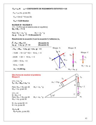63
FR2 = μE N μE = COEFICIENTE DE ROZAMIENTO ESTATICO = 0,8
FR2 = μE (mA g cos 30)
FR2 = 0,8 (2 *10 cos 30)
FR2 = 13,85 Newton
BLOQUE B + BLOQUE C
Σ FY = 0 (Por que el sistema esta en equilibrio)
WB + WC – T = 0
Pero: WB = mB * g WC = mC * g
mB g + mC g – T = 0 (Ecuación 5)
Resolviendo la ecuación 4 con la ecuación 5, hallamos mC
T – FR2 – WAX = 0 (Ecuación 4)
mB g + mC g – T = 0 (Ecuación 5)
– FR2 – WAX + (mB g) + (mC g) = 0
- 13,85 - 10 + (2 * 10) + 10 mC = 0
- 23,85 + 20 + 10 mC = 0
- 3,85 + 10 mC = 0
10 mC = 3,85
mC = 0,385 kg.
Otra forma de resolver el problema
Bloque A
Σ FX = mA * a
TB – FR – WAX = mA * a
Pero: WAX = WA sen 30 WA = mA * g
WAX = mA g sen 30
Σ FY = 0
N - WAY = 0
Pero: WAY = WA cos 30 WA = mA * g
WAY = mA g cos 30
N - mA g cos 30 = 0
N = mA g cos 30
FR = μ N
FR = μ (mA g cos 30)
WA
Bloque B
300
TB
Bloque A
TB
TC
WC = mC g
TC
WB = mB g
N
WAY
FR
Bloque C
B
C
TB
TB
TC
A mB = 2
mc
300
mA = 2 kg
 