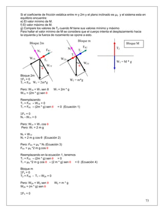 73
Si el coeficiente de fricción estática entre m y 2m y el plano inclinado es μS y el sistema esta en
equilibrio encuentre:
e) El valor mínimo de M.
f) El valor máximo de M.
g) Compare los valores de T2 cuando M tiene sus valores mínimo y máximo
Para hallar el valor mínimo de M se considera que el cuerpo intenta el desplazamiento hacia
la izquierda y la fuerza de rozamiento se opone a esto.
Bloque 2m
ΣFx = 0
T1 + FR1 – W1X = 0
Pero: W1X = W1 sen θ W1 = 2m * g
W1X = (2m * g) sen θ
Reemplazando
T1 + FR1 – W1X = 0
T1 + FR1 – (2m * g) sen θ = 0 (Ecuación 1)
ΣFY = 0
N1 - W1Y = 0
Pero: W1Y = W1 cos θ
Pero: W1 = 2 m g
N1 = W1Y
N1 = 2 m g cos θ (Ecuación 2)
Pero: FR1 = μS * N1 (Ecuación 3)
FR1 = μS *2 m g cos θ
Reemplazando en la ecuación 1, tenemos
T1 + FR1 – (2m * g) sen θ = 0
T1 + μS *2 m g cos θ – (2 m * g) sen θ = 0 (Ecuación 4)
Bloque m
ΣFx = 0
T2 + FR2 - T1 – W2X = 0
Pero: W2X = W2 sen θ W2 = m * g
W2X = (m * g) sen θ
ΣFY = 0
θ
FR1
T1
W1 = 2m*g
W1Y
N1
W1X
Bloque 2m
T2
N2
T1
W2X
W2Y
θ
W2 = m*g
FR2
Bloque m
W3 = M * g
T2
Bloque M
 