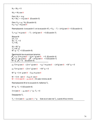 74
N2 – W2Y = 0
W2Y = W2 cos θ
Pero: W2 = m g
N2 = W2Y = m g cos θ (Ecuación 5)
Pero: FR2 = μS * N2 (Ecuación 6)
FR2 = μS * m g cos θ
Reemplazando la ecuación 5 en la ecuación 4T2 + FR2 - T1 – (m*g) sen θ = 0 (Ecuación 4)
T2 + μS * m g cos θ - T1 – (m*g) sen θ = 0 (Ecuación 7)
Bloque M
ΣFY = 0
W3 - T2 = 0
T2 = W3
W3 = M * g
T2 = M * g
M * g - T2 = 0 (Ecuación 8)
Resolviendo las ecuaciones tenemos:
T1 + μS *2 m g cos θ – (2 m * g) sen θ = 0 (Ecuación 4)
T2 + μS * m g cos θ - T1 – (m*g) sen θ = 0 (Ecuación 7)
M * g - T2 = 0 (Ecuación 8)
μS *2 m g cos θ – (2 m * g) sen θ + μS * m g cos θ – (m*g) sen θ + M * g = 0
μS *3 m g cos θ – (3 m * g) sen θ + M * g = 0
M * g = 3 m g sen θ - 3 μS m g cos θ
M = 3 m sen θ - 3 μS m cos θ
M = 3 m (sen θ - μS cos θ ) El valor mínimo de M
Reemplazando M en la ecuación 8, hallamos T2
M * g - T2 = 0 (Ecuación 8)
3 m (sen θ - μS cos θ ) * g - T2 = 0
Despejando T2
T2 = 3 m (sen θ - μS cos θ ) * g Este es el valor de T2, cuando M es mínimo
 