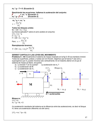 87
m2 * g – T = 0 (Ecuación 2)
Resolviendo las ecuaciones, hallamos la aceleración del conjunto:
T = m1 * a (Ecuación 1)
m2 * g – T = 0 (Ecuación 2)
m2 * g = m1 * a
1m
g*2m
a =
Todos los bloques unidos
MT = (M + m1 + m2)
(La fuerza aplicada F sobre el carro acelera el conjunto)
Σ FX = mT * a
F = mT * a
F = (M + m1 + m2) * a
Pero :
1m
g*2m
a =
Reemplazando tenemos:
( )
1m
g*2m
*2m1mMF ++=
SERWAY CAPITULO 5 LAS LEYES DEL MOVIMIENTO
Problema 5 – 84 Inicialmente el sistema de masas mostrado en la fig 5- 83 se mantiene inmóvil.
Todas las superficies, poleas y ruedas son sin fricción. Dejemos que la fuerza F sea cero y
supongamos que m2 puede moverse solo verticalmente. En el instante ulterior en el que el
sistema de masas se libere, encuentre:
a) La tensión T en la cuerda? La aceleración de m2 ?
b) La aceleración de M.
c) La aceleración de m1.
Bloque m1
Σ FY = 0
m1 * g – N1 = 0
(La aceleración resultante del sistema es la diferencia entre las aceleraciones, es decir el bloque
m1 tiene una aceleración diferente a la del carro)
Σ FX = m1 * (a – A)
T
aa - A
Bloque m1
N1
T
T
T
m2
A = aceleración
M
W1 = m1 g W2 = m2 g
m1
A
 