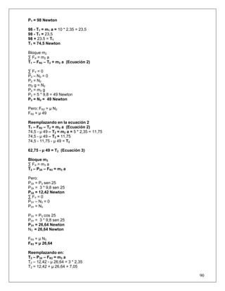 90
P1 = 98 Newton
98 - T1 = m1 a = 10 * 2,35 = 23,5
98 - T1 = 23,5
98 + 23,5 = T1
T1 = 74,5 Newton
Bloque m2
∑ FX = m2 a
T1 – FR2 – T2 = m2 a (Ecuación 2)
∑ FY = 0
P2 – N2 = 0
P2 = N2
m2 g = N2
P2 = m2 g
P2 = 5 * 9,8 = 49 Newton
P2 = N2 = 49 Newton
Pero: FR2 = μ N2
FR2 = μ 49
Reemplazando en la ecuación 2
T1 – FR2 – T2 = m2 a (Ecuación 2)
74,5 - μ 49 – T2 = m2 a = 5 * 2,35 = 11,75
74,5 - μ 49 – T2 = 11,75
74,5 - 11,75 - μ 49 = T2
62,75 - μ 49 = T2 (Ecuación 3)
Bloque m3
∑ FX = m3 a
T2 – P3X – FR3 = m3 a
Pero:
P3X = P3 sen 25
P3X = 3 * 9,8 sen 25
P3X = 12,42 Newton
∑ FY = 0
P3Y – N3 = 0
P3Y = N3
P3Y = P3 cos 25
P3Y = 3 * 9,8 sen 25
P3Y = 26,64 Newton
N3 = 26,64 Newton
FR3 = μ N3
FR3 = μ 26,64
Reemplazando en:
T2 – P3X – FR3 = m3 a
T2 – 12,42 - μ 26,64 = 3 * 2,35
T2 = 12,42 + μ 26,64 + 7,05
 