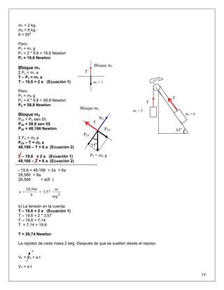 m1 = 2 kg.
m2 = 6 kg.
θ = 550
Pero:
P1 = m1 g
P1 = 2 * 9,8 = 19,6 Newton
P1 = 19,6 Newton
Bloque m1
Σ Fy = m1 a
T – P1 = m1 a
T – 19,6 = 2 a (Ecuación 1)
Pero:
P2 = m2 g
P2 = 6 * 9,8 = 58,8 Newton
P2 = 58,8 Newton
Bloque m2
P2X = P2 sen 55
P2X = 58,8 sen 55
P2X = 48,166 Newton
Σ FX = m2 a
P2X – T = m2 a
48,166 – T = 6 a (Ecuación 2)
T – 19,6 = 2 a (Ecuación 1)
48,166 – T = 6 a (Ecuación 2)
- 19,6 + 48,166 = 2a + 6a
28,566 = 8a
28,566 = a(8 )
2seg
m
3,57
8
28,566
a ==
b) La tensión en la cuerda
T – 19,6 = 2 a (Ecuación 1)
T – 19,6 = 2 * 3,57
T – 19,6 = 7,14
T = 7,14 + 19,6
T = 26,74 Newton
La rapidez de cada masa 2 seg. Después de que se sueltan desde el reposo.
0
VF = V0 + a t
VF = a t
14
Bloque m2
N2
P2Y
P2X
P2 = m2 g
T
550
m1 = 1
T
Bloque m1
T
m1 = 2
m2 = 6
T
550
 