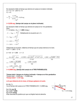 Es necesario hallar el tiempo que demora el cuerpo en el plano inclinado.
VF = V0 + a t pero V0 = 0
VF = a t
seg0,638
2seg
m4,9
seg
m3,13
a
FV
t ===
t = 0,638 seg. (tiempo del cuerpo en el plano inclinado)
Es necesario hallar el tiempo que demora el cuerpo en el tiro parabolico
Pero
Y = 2 metros (V0Y = - 1,565 m/seg.)
2
2t*g
-t0YV-Y- = Multiplicando la ecuación por (-1)
2
2t*g
t0YVY +=
2
2t*9,8
t1,5652 +=
2t4,9t1,5652 +=
Ordenando la ecuación, hallamos el tiempo que el cuerpo demora en el aire.
4,9 t2
+ 1,565 t – 2 =0
a = 4,9 b = 1,565 c = - 2
9,8
39,22,44921,565-
4,9*2
(-2)*4,9*4-2(1,565)(1,565)-
a2
ca4-2bb-
t
+±
=
±
=
±
=
9,8
41,64921,565-
t
±
=
9,8
6,4531,565-
t
±
=
9,8
4,88
9,8
6,4536-1,565
1t =
+
=
t = 0,4988 seg. (tiempo del cuerpo en el TIRO PARABOLICO)
Tiempo total = tiempo en el plano inclinado + tiempo en el tiro parabolico
Tiempo total = 0,638 seg. + 0,4988 seg.
Tiempo total = 1,137 seg.
c) A que distancia de la mesa, el bloque golpeara el suelo.
X = VX * t
t es el tiempo del cuerpo en el TIRO PARABOLICO = 0,4988 seg.
VX = Vo cos 30
VX = 3,13 * 0,866
VX = 2,71 m/seg.
Esta velocidad es positiva por que va dirigida hacia la derecha.
17
300
V0 = - 3,13 m/seg.
V0Y
VX
 