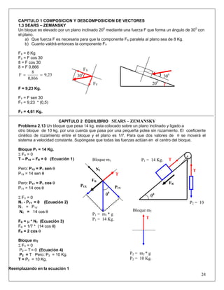 CAPITULO 1 COMPOSICION Y DESCOMPOSICION DE VECTORES
1.3 SEARS – ZEMANSKY
Un bloque es elevado por un plano inclinado 200
mediante una fuerza F que forma un ángulo de 300
con
el plano.
a) Que fuerza F es necesaria para que la componente FX paralela al plano sea de 8 Kg.
b) Cuanto valdrá entonces la componente FY
FX = 8 Kg
FX = F cos 30
200
300
8 = F cos 30
FY
FX
300
8 = F 0,866
9,23
0,866
8
F ==
F = 9,23 Kg.
FY = F sen 30
FY = 9,23 * (0,5)
FY = 4,61 Kg.
CAPITULO 2 EQUILIBRIO SEARS – ZEMANSKY
Problema 2.13 Un bloque que pesa 14 kg. esta colocado sobre un plano inclinado y ligado a
otro bloque de 10 kg. por una cuerda que pasa por una pequeña polea sin rozamiento. El coeficiente
cinético de rozamiento entre el bloque y el plano es 1/7. Para que dos valores de θ se moverá el
sistema a velocidad constante. Supóngase que todas las fuerzas actúan en el centro del bloque.
Bloque P1 = 14 Kg.
Σ FX = 0
24
T – P1X – FR = 0 (Ecuación 1)
Pero: P1X = P1 sen θ
P1X = 14 sen θ
Pero: P1Y = P1 cos θ
P1Y = 14 cos θ
Σ FY = 0
P2 = 10
P1 = 14 Kg.
FR
θ0
N1 - P1Y = 0 (Ecuación 2)
N1 = P1Y
N1 = 14 cos θ
FR = μ * N1 (Ecuación 3)
FR = 1/7 * (14 cos θ)
FR = 2 cos θ
Bloque m2
Σ FY = 0
P2 – T = 0 (Ecuación 4)
P2 = T Pero: P2 = 10 Kg.
T = P2 = 10 Kg.
Reemplazando en la ecuación 1
P2 = m2 * g
P2 = 10 Kg.
Bloque m2
P1 = m1 * g
P1 = 14 Kg.
FR
P1Y
Bloque m1
P1X
θ0
N1
T
T
T
T
 