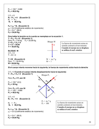 P1Y = 100 * 0,866
P1Y = 86,6 Kg.
Σ FY = 0
N1 - P1Y = 0 (Ecuación 2)
N1 = P1Y
N1 = 86,6 Kg.
FR = μC * N1 (Ecuación 3)
μC = 0,4 (Coeficiente estático de rozamiento)
FR = 0,4 * (86,6)
FR = 34,64 Kg.
Para hallar la tensión en la cuerda se reemplaza en la ecuación 1.
T – P1X - FR = 0 (Ecuación 1)
Pero: P1X = 50 kg. FR = 25,98 Kg.
W = m2 * g
W = ?
Bloque WT = P1X + FR = 0
T = 50 + 34,64 T
T = 84,64 Kg.
BLOQUE W
Σ FY = 0
T – W = 0
T = W (Ecuación 4)
Pero T = 84,64 Kg.
W = 84,64 Kg.
SI el cuerpo intenta moverse hacia la izquierda, la fuerza de rozamiento actúa hacia la derecha
Σ FX = 0 Cuando el cuerpo intenta desplazamiento hacia la izquierda)
T – P1X + FR = 0 (Ecuación 1)
P1 = m1 * g
P1 = 100
FR
P1Y
Bloque P1
P1X
300
N1
Pero: P1X = P1 sen 30
T
P1X = 100 * (0,5)
P1X = 50 kg.
Pero: P1Y = P1 cos 30
P1Y = 100 * 0,866
P1Y = 86,6 Kg.
Σ FY = 0
N1 - P1Y = 0 (Ecuación 2)
N1 = P1Y
N1 = 86,6 Kg.
FR = μC * N1 (Ecuación 3)
μC = 0,4 (Coeficiente estático de rozamiento)
FR = 0,4 * (86,6)
FR = 34,64 Kg.
28
La fuerza de rozamiento actua en
sentido contrario al movimiento.
Cuando el cuerpo no se desplaza
se utiliza el coef. estatico
La fuerza de rozamiento actua en
sentido contrario al movimiento.
Cuando el cuerpo no se desplaza
se utiliza el coef. estatico
 