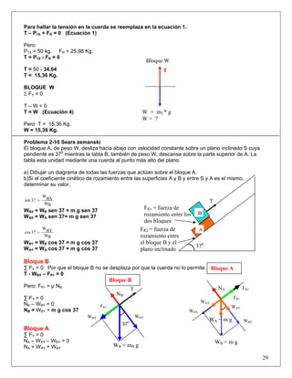 Para hallar la tensión en la cuerda se reemplaza en la ecuación 1.
T – P1X + FR = 0 (Ecuación 1)
Pero:
P1X = 50 kg. FR = 25,98 Kg.
T = P1X - FR = 0
W = m2 * g
W = ?
Bloque W
T = 50 - 34,64 T
T = 15,36 Kg.
BLOQUE W
Σ FY = 0
T – W = 0
T = W (Ecuación 4)
Pero T = 15,36 Kg.
W = 15,36 Kg.
Problema 2-16 Sears zemanski
El bloque A, de peso W, desliza hacia abajo con velocidad constante sobre un plano inclinado S cuya
pendiente es 370
mientras la tabla B, también de peso W, descansa sobre la parte superior de A. La
tabla esta unidad mediante una cuerda al punto más alto del plano.
a) Dibujar un diagrama de todas las fuerzas que actúan sobre el bloque A.
b)Si el coeficiente cinético de rozamiento entre las superficies A y B y entre S y A es el mismo,
determinar su valor.
FR1 = fuerza de
rozamiento entre los
dos bloques
T
FR2 = fuerza de
rozamiento entre
el bloque B y el
plano inclinado
B
A
370
BW
BXW
37sen =
WBX = WB sen 37 = m g sen 37B
WAX = WA sen 37= m g sen 37
BW
BYW
37cos =
WBY = WB cos 37 = m g cos 37B
WAY = WA cos 37 = m g cos 37
Bloque B
29
∑ FX = 0 Por que el bloque B no se desplaza por que la cuerda no lo permite.
WA = m g
WAX
WAY
FR2NA
WBX
WBY
WB = m g
Bloque A
T - WBX – FR1 = 0
WBX
370
NB
FR1
WBY
WB = mB g
T
Bloque B
Pero: FR1 = μ NBB
FR1∑ FY = 0
NB – WB
BY = 0
NB = WB
BY = m g cos 37
Bloque A
∑ FY = 0
NA – WAY – WBY = 0
NA = WAY + WBY
 