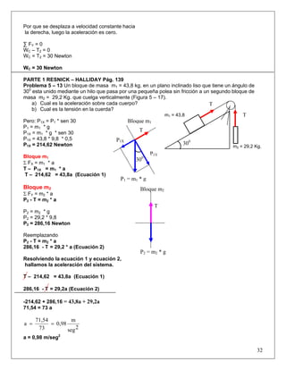 Por que se desplaza a velocidad constante hacia
la derecha, luego la aceleración es cero.
∑ FY = 0
WC – T2 = 0
WC = T2 = 30 Newton
WC = 30 Newton
PARTE 1 RESNICK – HALLIDAY Pág. 139
Problema 5 – 13 Un bloque de masa m1 = 43,8 kg. en un plano inclinado liso que tiene un ángulo de
300
esta unido mediante un hilo que pasa por una pequeña polea sin fricción a un segundo bloque de
masa m2 = 29,2 Kg. que cuelga verticalmente (Figura 5 – 17).
a) Cual es la aceleración sobre cada cuerpo?
b) Cual es la tensión en la cuerda?
Pero: P1X = P1 * sen 30
P1 = m1 * g
P1X = m1 * g * sen 30
P1X = 43,8 * 9,8 * 0,5
P1X = 214,62 Newton
Bloque m1
Σ FX = m1 * a
T – P1X = m1 * a
T – 214,62 = 43,8a (Ecuación 1)
Bloque m2
Σ FY = m2 * a
P2 - T = m2 * a
P2 = m2 * g
P2 = 29,2 * 9,8
P2 = 286,16 Newton
Reemplazando
P2 - T = m2 * a
286,16 - T = 29,2 * a (Ecuación 2)
Resolviendo la ecuación 1 y ecuación 2,
hallamos la aceleración del sistema.
T – 214,62 = 43,8a (Ecuación 1)
286,16 - T = 29,2a (Ecuación 2)
-214,62 + 286,16 = 43,8a + 29,2a
71,54 = 73 a
2seg
m
0,98
73
71,54
a ==
a = 0,98 m/seg2
32
300
T
m2 = 29,2 Kg.
m1 = 43,8 T
Bloque m2
P2 = m2 * g
T
Bloque m1
T
P1Y
P1X
P1 = m1 * g
300
 
