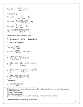 2T
sen21
seng
-gsenm6 =⎥⎦
⎤
⎢⎣
⎡
+ θ
θ
θ
Factorizando g
2T
sen21
sen
-1sengm6 =⎥⎦
⎤
⎢⎣
⎡
+ θ
θ
θ
2T
sen21
sen-2sen1
sengm6 =⎥⎦
⎤
⎢⎣
⎡
+
+
θ
θθ
θ
2T
sen21
sen1
sengm6 =⎥⎦
⎤
⎢⎣
⎡
+
+
θ
θ
θ
( )
sen21
)sen(1*sengm6
2T ⎥⎦
⎤
⎢⎣
⎡
+
+
=
θ
θθ
Despejando la ecuación 1 para hallar T1
T1 – (2m*g) sen θ = 2m * a (Ecuación 1)
T1 = 2m * a + 2m*g sen θ
Pero:
θ
θ
sen21
seng
a
+
=
θ
θ
θ
sengm2
sen21
seng
m21T +⎟
⎠
⎞
⎜
⎝
⎛
+
=
( ) θ
θ
θ
sengm2
sen21
sengm2
1T +⎟
⎠
⎞
⎜
⎝
⎛
+
=
( )([ ])
sen21
2sen1sengm2sengm2
1T ⎟
⎠
⎞
⎜
⎝
⎛
+
++
=
θ
θθθ
sen21
2sengm4sengm2sengm2
1T
⎟
⎟
⎠
⎞
⎜
⎜
⎝
⎛
+
++
=
θ
θθθ
sen21
2sengm4sengm4
1T
⎟
⎟
⎠
⎞
⎜
⎜
⎝
⎛
+
+
=
θ
θθ
Factorizando
( )
sen21
1sengm4
1T ⎟
⎠
⎞
⎜
⎝
⎛
+
+
=
θ
θθ sen
Si el coeficiente de fricción estática entre m y 2m y el plano inclinado es μS y el sistema esta en
equilibrio encuentre:
e) El valor mínimo de M.
f) El valor máximo de M.
g) Compare los valores de T2 cuando M tiene sus valores mínimo y máximo
8
Para hallar el valor mínimo de M se considera
 