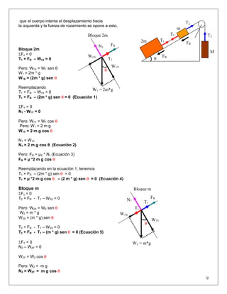 que el cuerpo intenta el desplazamiento hacia T2
9
la izquierda y la fuerza de rozamiento se opone a esto.
Bloque 2m
ΣFx = 0
T1 + FR – W1X = 0
Pero: W1X = W1 sen θ
W1 = 2m * g
W1X = (2m * g) sen θ
Reemplazando
T1 + FR – W1X = 0
T1 + FR – (2m * g) sen θ = 0 (Ecuación 1)
ΣFY = 0
N1 - W1Y = 0
Pero: W1Y = W1 cos θ
Pero: W1 = 2 m g
W1Y = 2 m g cos θ
N1 = W1Y
N1 = 2 m g cos θ (Ecuación 2)
Pero: FR = μS * N1 (Ecuación 3)
FR = μ *2 m g cos θ
Reemplazando en la ecuación 1, tenemos
T1 + FR – (2m * g) sen θ = 0
T1 + μ *2 m g cos θ – (2 m * g) sen θ = 0 (Ecuación 4)
Bloque m
ΣFx = 0
T2 + FR - T1 – W2X = 0
Pero: W2X = W2 sen θ
W2 = m * g
W2X = (m * g) sen θ
T2 + FR - T1 – W2X = 0
T2 + FR - T1 – (m * g) sen θ = 0 (Ecuación 5)
ΣFY = 0
N2 – W2Y = 0
W2Y = W2 cos θ
Pero: W2 = m g
N2 = W2Y = m g cos θ
θ
FR
T1
W1 = 2m*g
W1Y
N1
W1X
Bloque 2m
T2
N2
T1
W2X
W2Y
θ
W2 = m*g
FR
Bloque m
FR
θ
T2
T1
m
T12m
M
FR
 