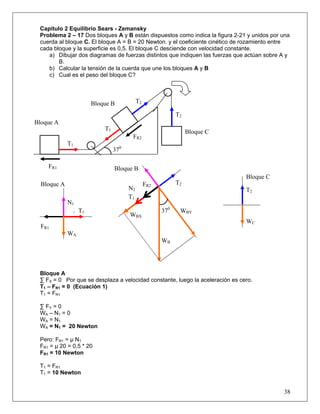 38
Capitulo 2 Equilibrio Sears - Zemansky
Problema 2 – 17 Dos bloques A y B están dispuestos como indica la figura 2-21 y unidos por una
cuerda al bloque C. El bloque A = B = 20 Newton. y el coeficiente cinético de rozamiento entre
cada bloque y la superficie es 0,5. El bloque C desciende con velocidad constante.
a) Dibujar dos diagramas de fuerzas distintos que indiquen las fuerzas que actúan sobre A y
B.
b) Calcular la tensión de la cuerda que une los bloques A y B
c) Cual es el peso del bloque C?
Bloque A
∑ FX = 0 Por que se desplaza a velocidad constante, luego la aceleración es cero.
T1 – FR1 = 0 (Ecuación 1)
T1 = FR1
∑ FY = 0
WA – N1 = 0
WA = N1
WA = N1 = 20 Newton
Pero: FR1 = μ N1
FR1 = μ 20 = 0,5 * 20
FR1 = 10 Newton
T1 = FR1
T1 = 10 Newton
FR1
WB
N2
WC
T2
Bloque A
Bloque B
WBX
WBY
T1
FR2
T2
370
WA
N1
T1
FR1
FR2
T2
T2
T1
T1
370
Bloque C
Bloque B
Bloque A
FR1
Bloque C
WA
T1
 