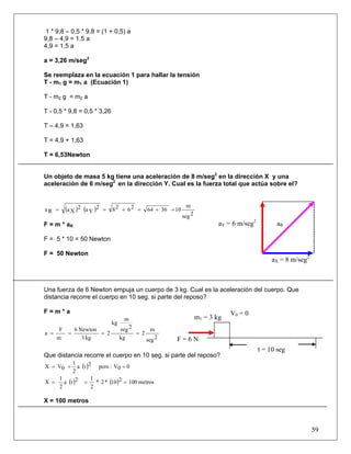 59
1 * 9,8 – 0,5 * 9,8 = (1 + 0,5) a
9,8 – 4,9 = 1.5 a
4,9 = 1,5 a
a = 3,26 m/seg2
Se reemplaza en la ecuación 1 para hallar la tensión
T - m1 g = m1 a (Ecuación 1)
T - m2 g = m2 a
T - 0,5 * 9,8 = 0,5 * 3,26
T – 4,9 = 1,63
T = 4,9 + 1,63
T = 6,53Newton
Un objeto de masa 5 kg tiene una aceleración de 8 m/seg2
en la dirección X y una
aceleración de 6 m/seg2
en la dirección Y. Cual es la fuerza total que actúa sobre el?
( ) ( )
2seg
m
10366426282
Ya2
XaRa =+=+==
F = m * aR
F = 5 * 10 = 50 Newton
F = 50 Newton
Una fuerza de 6 Newton empuja un cuerpo de 3 kg. Cual es la aceleración del cuerpo. Que
distancia recorre el cuerpo en 10 seg. si parte del reposo?
F = m * a
2seg
m
2
kg
2seg
m
kg
2
kg3
Newton6
m
F
a ====
Que distancia recorre el cuerpo en 10 seg. si parte del reposo?
( ) 00V:pero2ta
2
1
0VX =+=
( ) ( ) metros100210*2*
2
12ta
2
1
X ===
X = 100 metros
V0 = 0
aY = 6 m/seg2
aX = 8 m/seg2
aR
m1 = 3 kg
F = 6 N
t = 10 seg
 