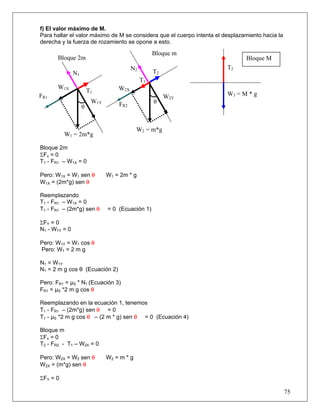 75
f) El valor máximo de M.
Para hallar el valor máximo de M se considera que el cuerpo intenta el desplazamiento hacia la
derecha y la fuerza de rozamiento se opone a esto.
Bloque 2m
ΣFx = 0
T1 - FR1 – W1X = 0
Pero: W1X = W1 sen θ W1 = 2m * g
W1X = (2m*g) sen θ
Reemplazando
T1 - FR1 – W1X = 0
T1 - FR1 – (2m*g) sen θ = 0 (Ecuación 1)
ΣFY = 0
N1 - W1Y = 0
Pero: W1Y = W1 cos θ
Pero: W1 = 2 m g
N1 = W1Y
N1 = 2 m g cos θ (Ecuación 2)
Pero: FR1 = μS * N1 (Ecuación 3)
FR1 = μS *2 m g cos θ
Reemplazando en la ecuación 1, tenemos
T1 - FR1 – (2m*g) sen θ = 0
T1 - μS *2 m g cos θ – (2 m * g) sen θ = 0 (Ecuación 4)
Bloque m
ΣFx = 0
T2 - FR2 - T1 – W2X = 0
Pero: W2X = W2 sen θ W2 = m * g
W2X = (m*g) sen θ
ΣFY = 0
FR2
W2X
FR1
θ
T1
W1 = 2m*g
W1Y
N1
W1X
Bloque 2m
T2
N2
T1
W2Y
θ
W2 = m*g
Bloque m
W3 = M * g
T2
Bloque M
 