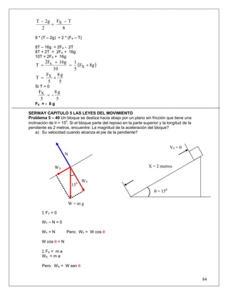 84
8
T-F
2
2g-T X=
8 * (T – 2g) = 2 * (FX – T)
8T – 16g = 2FX - 2T
8T + 2T = 2FX + 16g
10T = 2FX + 16g
( )8gF
5
1
10
16g2F
T X
x +=
+
=
5
g8
5
F
T X +=
Si T = 0
5
g8
-
5
FX =
FX = - 8 g
SERWAY CAPITULO 5 LAS LEYES DEL MOVIMIENTO
Problema 5 – 40 Un bloque se desliza hacia abajo por un plano sin fricción que tiene una
inclinación de θ = 150
. Si el bloque parte del reposo en la parte superior y la longitud de la
pendiente es 2 metros, encuentre: La magnitud de la aceleración del bloque?
a) Su velocidad cuando alcanza el pie de la pendiente?
Σ FY = 0
WY – N = 0
WY = N Pero: WY = W cos θ
W cos θ = N
Σ FX = m a
WX = m a
Pero: WX = W sen θ
X = 2 metros
θ = 150
N
W = m g
WX
WY
150
V0 = 0
 