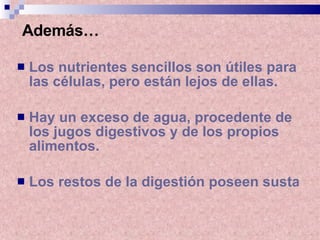 Los nutrientes sencillos son útiles para las células, pero están lejos de ellas. Hay un exceso de agua, procedente de los jugos digestivos y de los propios alimentos. Los restos de la digestión poseen sustancias no digeridas. Además… 