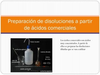 Preparación de disoluciones a partir
de ácidos comerciales
Vidrio
de reloj
Los ácidos comerciales son ácidos
muy concentrados.A partir de
ellos se preparan las disoluciones
diluidas que se van a utilizar
 