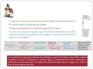 1º calculo el soluto que necesito para los 100 ml de disolución 0,3 M
2º calculo cuál es la masa de ese soluto.
3º tengo en cuenta que me lo venden con agua (35% en masa)
4º cuando sé la masa que tengo que coger de la botella con ayuda de la densidad,
calculo el volumen ya que al tratarse de un líquido se mide mejor el volumen y lo
cogemos con una pipeta
100 cm3 dis.
diluida
0,3 moles de
HCl
36,5 g de HCl 100 g dis
concentrada
1 cm3 dis
concentrada
Este es el volumen de
ácido comercial que
tenemos que coger
para preparar la
disolución diluida
1000 cm3 1 mol de HCl 35 g de HCl 1,18 g concentrada
Los problemas de preparar disoluciones diluidas a partir de ácidos comerciales también
se pueden resolver calculando en primer lugar la molaridad del ácido comercial, y
utilizando ese dato para saber el volumen de disolución que debemos coger, tal y como se
hizo en un problema anterior.
 