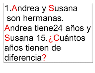 1.Andrea y Susana
son hermanas.
Andrea tiene24 años y
Susana 15.¿Cuántos
años tienen de
diferencia?
 