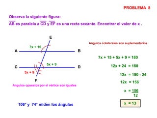PROBLEMA 8
Observa la siguiente figura:
AB es paralela a CD y EF es una recta secante. Encontrar el valor de x .
A B
C D
E
F
7x + 15
5x + 9
5x + 9
Angulos opuestos por el vértice son iguales
Angulos colaterales son suplementarios
7x + 15 + 5x + 9 = 180
12x + 24 = 180
12x = 180 - 24
12x = 156
x = 156
12
x = 13106° y 74° miden los ángulos
 