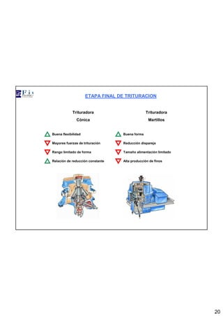 20
Buena flexibilidad Buena forma
Mayores fuerzas de trituración Reducción dispareja
Rango limitado de forma Tamaño alimentación limitado
Relación de reducción constante Alta producción de finos
ETAPA FINAL DE TRITURACION
Trituradora Trituradora
Cónica Martillos
 