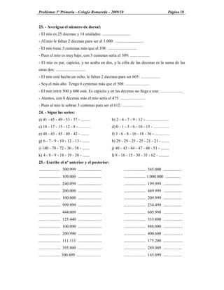 Problemas 5º Primaria Colegio Romareda 2009/10                                                       Página 10


23. - Averigua el número de dorsal:
- El mío es 25 decenas y 14 unidades: ...........................
- Al mío le faltan 2 decenas para ser el 1.000: ............................
- El mío tiene 3 centenas más que el 108: ............................
- Pues el mío es muy bajo, con 3 centenas sería el 309: ...................
- El mío es par, capicúa, y no acaba en dos, y la cifra de las decenas es la suma de las
otras dos: .............................
- El mío está hecho un ocho, le faltan 2 decenas para ser 605: ...................
- Soy el más alto. Tengo 6 centenas más que el 508: .......................
- El mío entre 500 y 600 está. Es capicúa y en las decenas no llega a una: ......................
- Atentos, con 8 decenas más el mío sería el 475: ........................
- Pues al mío le sobran 3 centenas para ser el 612: ....................
24. - Sigue las series:
a) 41 - 45 - 49 - 53 - 57 - .........                   b) 2 - 4 - 7 - 9 - 12 - ......................
c) 18 - 17 - 15 - 12 - 8 - ...........                  d) 0 - 1 - 3 - 6 - 10 - 15 - ...............
e) 48 - 43 - 45 - 40 - 42 - ........                    f) 3 - 6 - 8 - 16 - 18 - 36 - ..............
g) 6 - 7 - 9 - 10 - 12 - 13 - .......                   h) 29 - 29 - 25 - 25 - 21 - 21 - .......
i) 140 - 70 - 72 - 36 - 38 - .......                    j) 40 - 43 - 44 - 47 - 48 - 51 - ........
k) 4 - 8 - 9 - 18 - 19 - 38 - .......                   l) 8 - 16 - 15 - 30 - 31 - 62 - ..........
25.- Escribe el nº anterior y el posterior:
..................... 300.999 .......................            ..................... 345.000 ..................
..................... 109.000 .......................            ..................... 1.000.000 ...............
..................... 240.099 .......................            ..................... 199.999 ..................
..................... 200.000 .......................            ..................... 449.999 ..................
..................... 100.000 .......................            ..................... 209.999 ..................
..................... 999.999 .......................            ..................... 234.499 ..................
..................... 444.009 .......................            ..................... 605.990 ...................
..................... 125.440 .......................            ..................... 333.800 ...................
..................... 100.090 .......................            ..................... 888.000 ...................
..................... 200.990 .......................            ..................... 400.600 ...................
..................... 111.111 .......................            ..................... 175.200 ...................
..................... 395.800 .......................            ..................... 289.009 ..................
..................... 300.499 .......................            ..................... 145.099 ..................
 