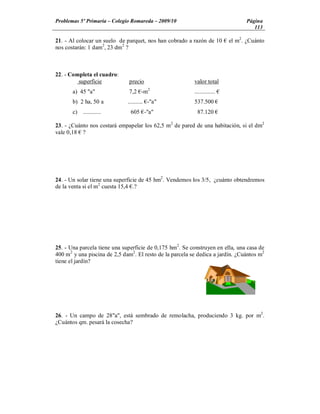 Problemas 5º Primaria Colegio Romareda 2009/10                                    Página
                                                                                     113

21. - Al colocar un suelo de parquet, nos han cobrado a razón de 10        el m2. ¿Cuánto
nos costarán: 1 dam2, 23 dm2 ?



22. - Completa el cuadro:
         superficie            precio                     valor total
       a) 45 "a"               7,2 -m2                    ..............
       b) 2 ha, 50 a          .......... -"a"             537.500
       c)   ............       605 -"a"                    87.120

23. - ¿Cuánto nos costará empapelar los 62,5 m2 de pared de una habitación, si el dm2
vale 0,18 ?




24. - Un solar tiene una superficie de 45 hm2. Vendemos los 3/5, ¿cuánto obtendremos
de la venta si el m2 cuesta 15,4 .?




25. - Una parcela tiene una superficie de 0,175 hm2. Se construyen en ella, una casa de
400 m2 y una piscina de 2,5 dam2. El resto de la parcela se dedica a jardín. ¿Cuántos m2
tiene el jardín?




26. - Un campo de 28"a", está sembrado de remolacha, produciendo 3 kg. por m2.
¿Cuántos qm. pesará la cosecha?
 