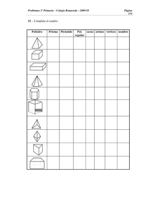 Problemas 5º Primaria Colegio Romareda 2009/10                       Página
                                                                        154

15. - Completa el cuadro:


   Poliedro      Prisma Pirámide     Pol.  caras aristas vértices nombre
                                   regular
 