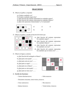 Problemas 5º Primaria Colegio Romareda 2009/10                                      Página 44


                                       FRACCIONES

1. - Observa el gráfico y responde:
       a) ¿Cuántos cuadrados ves?
       b) ¿Cuántos cuadrados negros hay?
       c) ¿Qué fracción del conjunto representan los cuadrados negros?
       d) ¿Qué fracción del conjunto representan los cuadrados blancos?
       e) ¿Qué cifra representa el denominador? ¿Y el numerador?


                                          a)             c)             e)

                                          b)             d)


2. - Observa el gráfico y escribe la fracción del mismo que:
                                               a) ¿Qué fracción del conjunto representan
                                                  los cuadrados negros?        ..
                                               b) ¿Qué fracción del conjunto representan
                                                  los cuadrados blancos?       ..
                                               c) ¿Qué fracción del conjunto representan
                                                  los cuadrados con cruz?
                                               d) ¿Qué fracción del conjunto representan
                                                  los cuadrados que no tienen cruz?

3. - Observa la figura y contesta:
       a) ¿Qué fracción del rectángulo es blanca? .....
       b) ¿Qué parte está rayada? ...............
       c) ¿Qué parte está con cruz? .........
       d) ¿Qué parte es negra? ....................
       e) ¿Qué parte no es blanca? .............
       f) ¿Qué parte no está rayada? ..........
       g) ¿Qué parte no tiene cruz? ........

4. - Escribe las fracciones:
       - Catorce diecinueveavos:                         - Ocho onceavos:

       - Doscientos cincuenta, ciento treinta y dosavos:

       - Cinco catorceavos:                              - Dos onceavos:

       - Quince treceavos:                               - Veinte treinta y tresavos:
 
