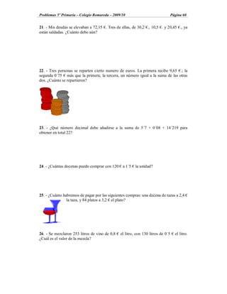 Problemas 5º Primaria Colegio Romareda 2009/10                                   Página 60


21. - Mis deudas se elevaban a 72,15 . Tres de ellas, de 30,2 ., 10,5 . y 20,45 ., ya
están saldadas. ¿Cuánto debo aún?




22. - Tres personas se reparten cierto numero de euros. La primera recibe 9,65 .; la
segunda 0´75 más que la primera; la tercera, un número igual a la suma de las otras
dos. ¿Cuánto se repartieron?




23. - ¿Qué número decimal debe añadirse a la suma de 5´7 + 0´08 + 14´219 para
obtener en total 22?




24. - ¿Cuántas docenas puedo comprar con 120    a 1´5   la unidad?




25. - ¿Cuánto habremos de pagar por las siguientes compras: una decena de tazas a 2,4
                la taza, y 84 platos a 3,2 el plato?




26. - Se mezclaron 253 litros de vino de 0,8   el litro, con 130 litros de 0´5     el litro.
¿Cuál es el valor de la mezcla?
 