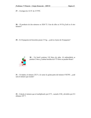 Problemas 5º Primaria Colegio Romareda 2009/10                                Página 61


27. - Averigua los 12/19 de 0´5795.




28. - El producto de dos números es 2826´72. Uno de ellos es 54´36.¿Cuál es el otro
número?




29. - Si 10 paquetes de bizcochos pesan 2´5 kg. , ¿cuál es el peso de 18 paquetes?




                    30. - Un barril contiene 110 litros de sidra. Al embotellarla se
                    pierden 2 litros ¿Cuántas botellas de 0´75 litros se pueden llenar?




31. - Si triplico el número 252´5 y le sumo la quinta parte del número 0´02785 , ¿cuál
será el número que resulte?




32. - Calcula el número que al multiplicarlo por 0´75 , sumarle 4´08 y dividirlo por 0´4
obtienes 107´7.
 