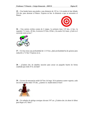 Problemas 5º Primaria Colegio Romareda 2009/10                              Página 69


25. - Una honda lanza una piedra a una distancia de 152 m. A la piedra le han faltado
256 dm. para alcanzar el blanco. Expresa en hm. la distancia a que se encuentra el
blanco.




26. - Una carrera ciclista consta de 4 etapas. La primera tiene 125 km., 6 hm.; la
segunda 17,2 mam., 42 dm.; la tercera 215 km.,10 hm. y la cuarta 16,2 mam. ¿Cuál es el
recorrido total en km.?




27. - Un foso tiene una profundidad de 1,115 km. ¿Qué profundidad ha de quitarse para
reducirlo a 7,5 hm.? Expresa en m.




28. - ¿Cuántos dm. de alambre necesito para cercar un pequeño huerto de forma
cuadrada que mide 35 m. de lado?




29. - Un tren de mercancías mide 0,47 km. de largo. Si le quitamos cuatro vagones, cada
uno de los cuales mide 155 dm., ¿cuántos m. medirá ahora el tren?




30. - Un saltador de pértiga consigue elevarse 547 cm. ¿Cuántos dm. de altura le faltan
para llegar a 0,7 dam.?
 