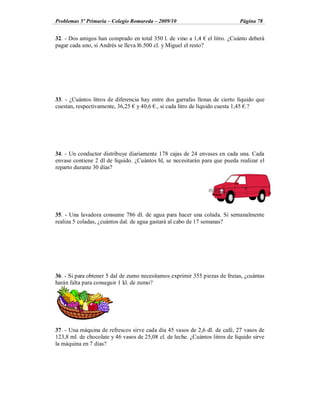 Problemas 5º Primaria Colegio Romareda 2009/10                                Página 78


32. - Dos amigos han comprado en total 350 l. de vino a 1,4 el litro. ¿Cuánto deberá
pagar cada uno, si Andrés se lleva l6.500 cl. y Miguel el resto?




33. - ¿Cuántos litros de diferencia hay entre dos garrafas llenas de cierto líquido que
cuestan, respectivamente, 36,25 y 40,6 ., si cada litro de líquido cuesta 1,45 .?




34. - Un conductor distribuye diariamente 178 cajas de 24 envases en cada una. Cada
envase contiene 2 dl de líquido. ¿Cuántos hl, se necesitarán para que pueda realizar el
reparto durante 30 días?




35. - Una lavadora consume 786 dl. de agua para hacer una colada. Si semanalmente
realiza 5 coladas, ¿cuántos dal. de agua gastará al cabo de 17 semanas?




36. - Si para obtener 5 dal de zumo necesitamos exprimir 355 piezas de frutas, ¿cuántas
harán falta para conseguir 1 kl. de zumo?




37. - Una máquina de refrescos sirve cada día 45 vasos de 2,6 dl. de café, 27 vasos de
123,8 ml. de chocolate y 46 vasos de 25,08 cl. de leche. ¿Cuántos litros de líquido sirve
la máquina en 7 días?
 