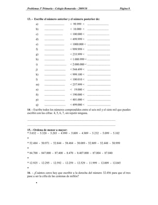 Problemas 5º Primaria Colegio Romareda 2009/10                                                                              Página 8


13. - Escribe el número anterior y el número posterior de:
           a)          ...........................         < 99.999 <             .............................
           b)          ..........................          < 10.000 <             .............................
           c)          .........................           < 100.000 <            ..............................
           d)          ...........................         < 499.999 <            ...............................
           e)          ...........................         < 1000.000 < ...............................
           f)          ...........................         < 999.999 <            ...............................
           g)          ...........................         < 233.999 <            ...............................
           h)          ............................        < 1.000.999 < ...............................
           i)          ..............................      < 2.000.000 < ...............................
           j)          .............................       < 544.499 <            ................................
           k)          .............................       < 999.100 <            ................................
           l)          .............................       < 100.010 <            ................................
           m)          ............................        < 257.999 <            ................................
           n)          ............................        < 19.000 <             ................................
           ñ)          ............................        < 190.000 <            ................................
           p)          ............................        < 401.000 <            ................................
           q)          .............................       < 499.000 <            ................................
14. - Escribe todos los números comprendidos entre el seis mil y el siete mil que puedes
escribir con las cifras: 4, 5, 6, 7, sin repetir ninguna.

.........................................................................................................................
.........................................................................................................................
15. - Ordena de menor a mayor:
* 5.032 - 5.320 - 5.203 - 4.999 - 5.009 - 4.909 - 5.232 - 5.099 - 5.102
Ÿ
* 52.484 - 50.971 - 52.844 - 58.484 - 50.089 - 52.809 - 52.448 - 50.999
Ÿ
* 84.700 - 847.000 - 87.400 - 8.470 - 8.407.000 - 87.004 - 87.040
Ÿ
* 12.925 - 12.295 - 12.592 - 12.259 - 12.529 - 11.999 - 12.009 - 12.045
Ÿ
16. - ¿Cuántos ceros hay que escribir a la derecha del número 32.456 para que el tres
pase a ser la cifra de las centenas de millón?

           Ÿ
 