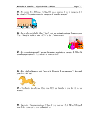 Problemas 5º Primaria Colegio Romareda 2009/10                                Página 82


13. - Un camión lleva 402 mag., 360 kg., 850 hg. de naranjas. Si por el transporte de 1
kg. cobra 0,12 ., ¿cuánto costará el transporte de todas las naranjas?




14. - En un laboratorio había 6 kg., 7 hg., 9 g. de una sustancia química. Se estropearon
5 hg., 2 dag y se vendió el resto a 0,75 el dag ¿Cuánto se sacó?




15. - Un comerciante compró 3 qm. de alubias para venderlas en paquetes de 500 g. Si
en cada paquete gana 0,8 ., ¿cuál será la ganancia total?




16. - Dos caballos llevan en total 9 qm.; si la diferencia de sus cargas es 75 kg., ¿qué
peso lleva cada uno?




17. - Un alambre de cobre de 8 km. pesó 98,75 kg. Calcular el peso de 120 m., en
gramos.




18. - Se envían 12 cajas conteniendo 24 dag. de peso cada una y 6 de 4,2 hg. Calcula el
peso de los envases, si el peso total es de 6 kg.
 