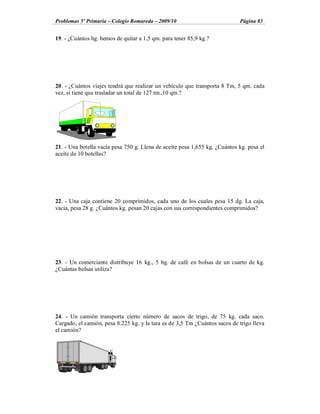 Problemas 5º Primaria Colegio Romareda 2009/10                              Página 83


19. - ¿Cuántos hg. hemos de quitar a 1,5 qm. para tener 85,9 kg.?




20. - ¿Cuántos viajes tendrá que realizar un vehículo que transporta 8 Tm, 5 qm. cada
vez, si tiene que trasladar un total de 127 tm.,10 qm.?




21. - Una botella vacía pesa 750 g. Llena de aceite pesa 1,655 kg. ¿Cuántos kg. pesa el
aceite de 10 botellas?




22. - Una caja contiene 20 comprimidos, cada uno de los cuales pesa 15 dg. La caja,
vacía, pesa 28 g. ¿Cuántos kg. pesan 20 cajas con sus correspondientes comprimidos?




23. - Un comerciante distribuye 16 kg., 5 hg. de café en bolsas de un cuarto de kg.
¿Cuántas bolsas utiliza?




24. - Un camión transporta cierto número de sacos de trigo, de 75 kg. cada saco.
Cargado, el camión, pesa 8.225 kg. y la tara es de 3,5 Tm ¿Cuántos sacos de trigo lleva
el camión?
 