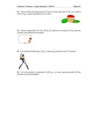 Problemas 5º Primaria Colegio Romareda 2009/10                               Página 85


31. - Una caja llena de tomates pesa 32,5 kg. Si la caja vacía pesa 25 hg. y se venden a
1,05 el kg., ¿cuánto obtendremos de la venta?




32. - Hemos transportado 54,5 Tm, 180 kg. de explosivos en cajas de 10 kg. cada una.
¿Cuántas cajas habremos necesitado?




33. - Una pelota de béisbol pesa 150 g. ¿Cuántos kg. pesarán en total 12 docenas?




34. - Un niño pesaba en septiembre 43,28 kg. y en junio siguiente pesaba 450 hg.
¿Cuántos g. había aumentado?
 