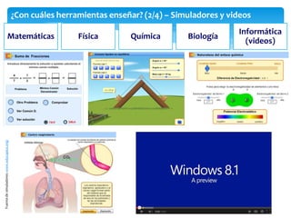 ¿Con cuáles herramientas enseñar? (2/4) – Simuladores y videos

Fuente de simuladores: www.educaplus.org/

Matemáticas

Fí...