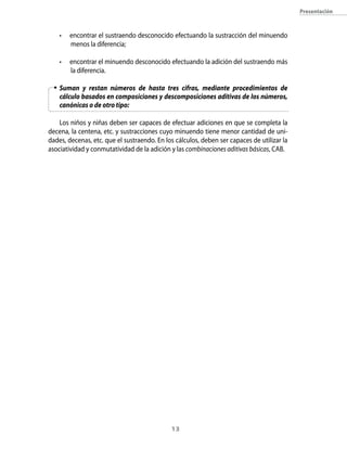 presentación



    •   encontrar el sustraendo desconocido efectuando la sustracción del minuendo
        menos la diferencia;

    •   encontrar el minuendo desconocido efectuando la adición del sustraendo más
        la diferencia.

    Suman y restan números de hasta tres cifras, mediante procedimientos de
    cálculo basados en composiciones y descomposiciones aditivas de los números,
    canónicas o de otro tipo:

    Los niños y niñas deben ser capaces de efectuar adiciones en que se completa la
decena, la centena, etc. y sustracciones cuyo minuendo tiene menor cantidad de uni-
dades, decenas, etc. que el sustraendo. En los cálculos, deben ser capaces de utilizar la
asociatividad y conmutatividad de la adición y las combinaciones aditivas básicas, CAB.




                                             13
 