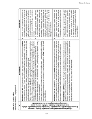 Plan de la Quinta clase
     Materiales: Fichas 9, 10 y opcional.

                               TM                                                                                                  Actividades                                                                  evaluación
                                                                                          MoMeNTo De INIcIo: El profesor(a) explica que hoy comenzarán trabajando con la Ficha 9             n    Observe si usan lo que han aprendido de
                                                                                          que se realiza en parejas. En ella aparece un problema aditivo combinado y los cálculos que             los problemas aditivos, de las técnicas de
                                                                                          hizo Martín, un alumno de 3º Básico, para resolverlo. Los niños deben interpretar el significado        cálculo y las justificaciones asociadas para
                                                                                          de los cálculos que hizo Martín en el contexto de la situación dada.                                    explicar lo que hacen los niños de la ficha.
                                                                                          Apoye a los niños en la Fase 1 de la resolución, haciéndoles algunas preguntas orientadoras        n    Destaque la importancia de usar el cono-
                                                                                          del tipo: ¿Qué es lo que pregunta el problema? ¿Aparecen en el enunciado del problema todos los         cimiento para entender lo que hacen otras
                                                                                          datos que se necesitan para poder contestar? Etc. Para contestar, los niños deben igualmente            personas.
                                                                                          usar una estrategia de resolución de problemas que contemple las otras cuatro Fases.               n    El hecho que aparezcan ciertos cálculos
                                                                                          Al final de la ficha se pregunta, con esos mismos datos, ¿qué otra pregunta se podría hacer y           ya dados, puede inducir a los niños a res-
                                                                                          cómo se podría responder?                                                                               ponder sin hacer un análisis completo de
                                                                                          Luego que contestan, conduzca una discusión entre los niños, y pregúnteles si los resultados            la situación. En este caso no lograrán una
                                                                                          que obtuvieron coinciden con las conclusiones que habían sacado en la Fase 1, antes de resol-           comprensión correcta del problema y no
                                                                                          ver el problema.                                                                                        estarán en condiciones de justificar sus




4
                                                                                                                                                                                                  resultados. Estimule que analicen el pro-
                                                                                                                                                                                                  blema apoyándose en las 5 fases de la
                                                                                                                                                                                                  estrategia de resolución.

                                                                                          MoMeNTo De DesArrollo: Distribuya la Ficha 10 en que trabajan todos los conocimien-                n	   Identifique a quienes siguen teniendo difi-
                                                                                          tos matemáticos estudiados en la unidad. Una vez que terminan, genere una discusión cons-               cultades para distinguir la operación que
                                                                                          tructiva entre los niños en la que comprueben sus resultados, compartan sus procedimientos,             deben realizar frente a cada problema.
                                                                                          los comparen y discutan cuál resultó más conveniente, argumentando sus afirmaciones.                    Ayúdelos con apoyo de material concreto.

                                                                                          MoMeNTo De cIerre: Se cierra la clase y la Unidad, sintetizando la estrategia para resolver        n	   Asegúrese de que les queda claro que, por
                                                                                          problemas aditivos combinados, destacando la necesidad de disponer de herramientas para                 lo general, deben hacer un trabajo espe-




                  • elaboran problemas a partir de una situación dada.
                                                                                          analizar el enunciado de un problema, los aspectos más relevantes de los procedimientos de              cífico sobre el enunciado del problema




                 en el contexto de la situación. • calculan sumas y restas.
                                                                                          cálculos de sumas y restas estudiados junto a sus justificaciones, que la suma es la operación          para poder discernir las operaciones que




            • resuelven problemas aditivos combinados directos e inversos,
                                                                                          inversa de la resta y viceversa, y la importancia de la estimación.                                     lo resuelven. Insista en la importancia
                                                                                                                                                                                                  de representarse el problema de alguna
                                                                                                                                                                                                  forma, destacando la utilidad de los dibu-
                                                                                                                                                                                                  jos esquemáticos.




     de composición, cambio y comparación. • Interpretan el significado de los cálculos
                                                                                                                                                                                                                                                 planes de clases
 