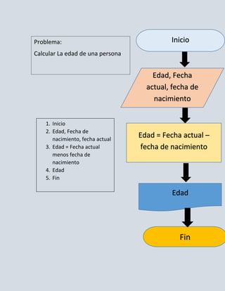 Problema:                                  Inicio
Calcular La edad de una persona


                                      Edad, Fecha
                                    actual, fecha de
                                      nacimiento


    1. Inicio
    2. Edad, Fecha de
       nacimiento, fecha actual
                                  Edad = Fecha actual –
    3. Edad = Fecha actual         fecha de nacimiento
       menos fecha de
       nacimiento
    4. Edad
    5. Fin

                                           Edad




                                              Fin
 
