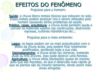 EFEITOS DO FENÔMENO
              Prejuízos para o homem:
Saúde: a chuva libera metais tóxicos que estavam no solo.
Saúde
 Esses metais podem alcançar rios e serem utilizados pelo
      homem causando sérios problemas de saúde.
Prédios, casas, arquitetura: a chuva ácida também ajuda a
                arquitetura
 corroer os materiais usados nas construções, destruindo
           represas, turbinas hidrelétricas etc...
            Prejuízos para o meio ambiente:
 Lagos: os lagos podem ser os mais prejudicados com o
 Lagos
    efeito da chuva ácida, pois podem ficar totalmente
          acidificados, perdendo toda a sua vida.
  Desmatamentos: a chuva ácida faz clareiras, matando
  Desmatamentos
 duas ou três árvores. Isso pode destruir uma floresta.
 Agricultura: a chuva afeta plantações quase do mesmo
jeito que das florestas, só que é destruída mais rápido já
que as plantas são do mesmo tamanho, tendo assim mais
                      áreas atingidas.
 