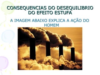 CONSEQUENCIAS DO DESEQUILIBRIO
       DO EFEITO ESTUFA
 A IMAGEM ABAIXO EXPLICA A AÇÃO DO
               HOMEM
 