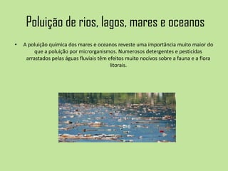 Poluição de rios, lagos, mares e oceanos
• A poluição química dos mares e oceanos reveste uma importância muito maior do
que a poluição por microrganismos. Numerosos detergentes e pesticidas
arrastados pelas águas fluviais têm efeitos muito nocivos sobre a fauna e a flora
litorais.
 