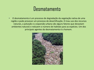 Desmatamento
• O desmatamento é um processo de degradação da vegetação nativa de uma
região e pode provocar um processo de desertificação. O mau uso dos recursos
naturais, a poluição e a expansão urbana são alguns fatores que devastam
ambientes naturais e reduzem o número de habitats para as espécies. Um dos
principais agentes do desmatamento é o homem.
 