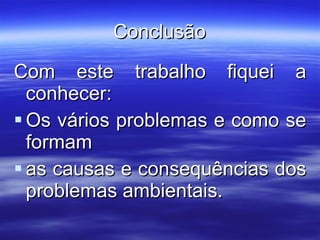 Conclusão Com este trabalho fiquei a conhecer:  Os vários problemas e como se formam as causas e consequências dos problemas ambientais. 