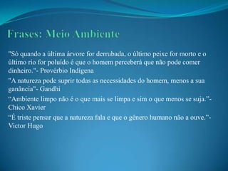 "Só quando a última árvore for derrubada, o último peixe for morto e o
último rio for poluído é que o homem perceberá que não pode comer
dinheiro."- Provérbio Indígena
"A natureza pode suprir todas as necessidades do homem, menos a sua
ganância"- Gandhi
“Ambiente limpo não é o que mais se limpa e sim o que menos se suja.”-
Chico Xavier
“É triste pensar que a natureza fala e que o gênero humano não a ouve.”-
Victor Hugo
 