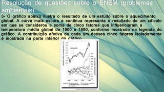3- O gráfico abaixo ilustra o resultado de um estudo sobre o aquecimento
global. A curva mais escura e contínua representa o resultado de um cálculo
em que se considerou a soma de cinco fatores que influenciaram a
temperatura média global de 1900 a 1990, conforme mostrado na legenda do
gráfico. A contribuição efetiva de cada um desses cinco fatores isoladamente
é mostrada na parte inferior do gráfico.
Resolução de questões sobre o ENEM (problemas
ambientais)
 