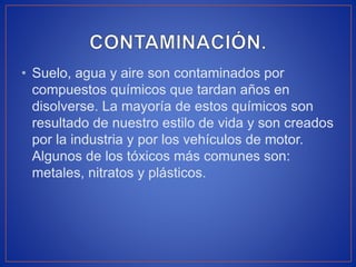 • Suelo, agua y aire son contaminados por
compuestos químicos que tardan años en
disolverse. La mayoría de estos químicos son
resultado de nuestro estilo de vida y son creados
por la industria y por los vehículos de motor.
Algunos de los tóxicos más comunes son:
metales, nitratos y plásticos.
 